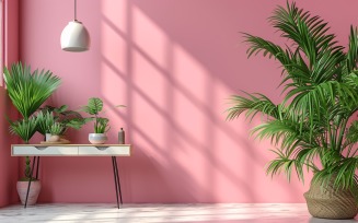 Minimalist Design with Desk & Plant Vase on Pink wall 60