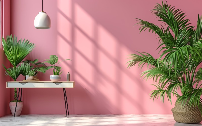 Minimalist Design with Desk & Plant Vase on Pink wall 60 Illustration