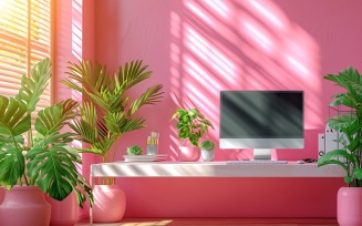 Minimalist Design with Desk & Plant Vase on Pink wall 61