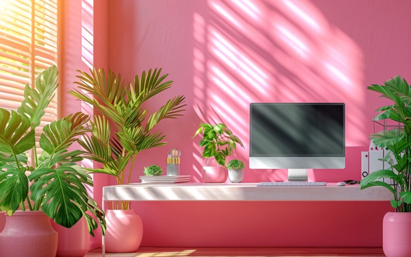 Minimalist Design with Desk & Plant Vase on Pink wall 61 Illustration