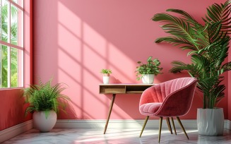 Minimalist Design with Desk & Plant Vase on Pink wall 64