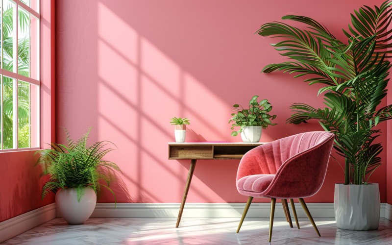 Minimalist Design with Desk & Plant Vase on Pink wall 64 Illustration