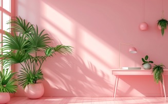 Minimalist Design with Desk & Plant Vase on Pink wall 65