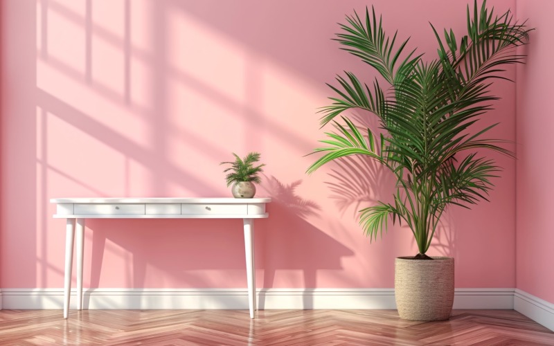 Minimalist Design with Desk & Plant Vase on Pink wall 66 Illustration