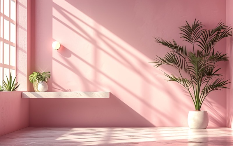 Minimalist Design with Desk & Plant Vase on Pink wall 67 Illustration