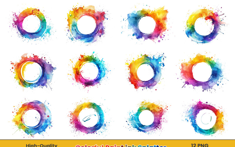 Watercolor rainbow ink splatter clipart, Colorful Splash png set. Background