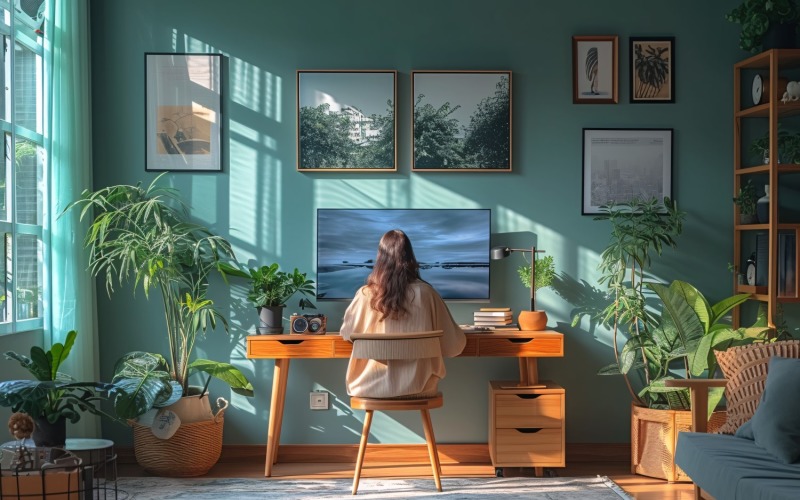 Scandinavian Interior Home Office with Plants & Vases 108 Illustration