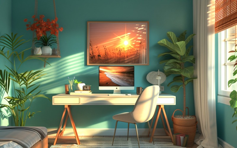 Scandinavian Interior Home Office with Plants & Vases 131 Illustration