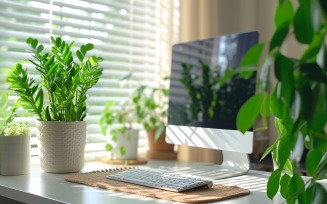 Office Room with Computer & Green Plant vases on the table 193