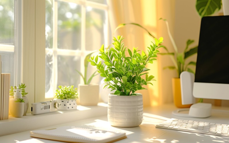 Office Room with Computer & Green Plant vases on the table 194 Illustration