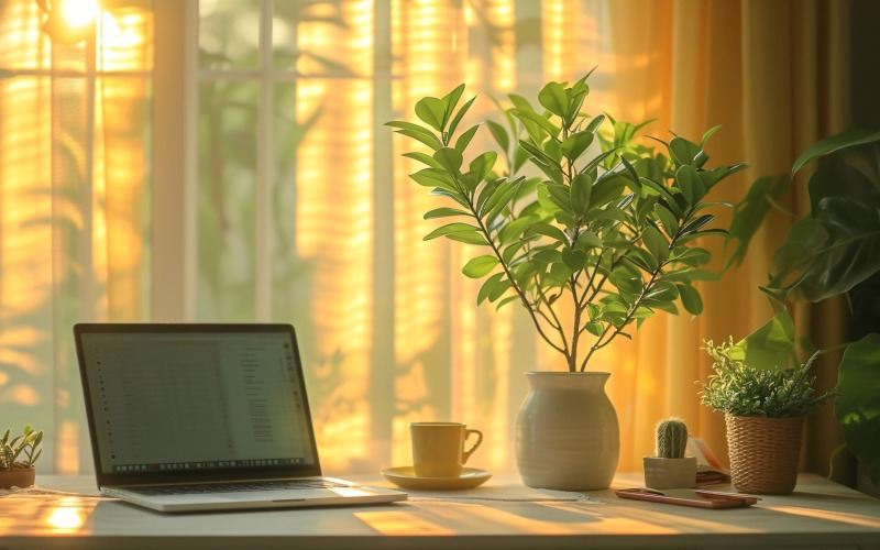 Office Room with Laptop & vases on the table 186 Illustration