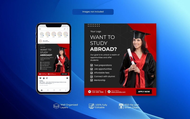 PSD Elegent Study Abroad Promo Template Red Social Media