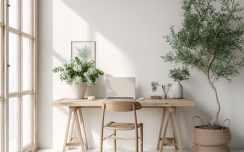 Computer teacup & dried flowers vases on the wooden table 211 Illustration