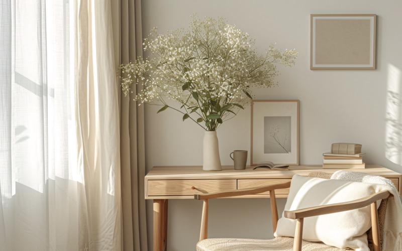 Computer teacup & dried flowers vases on the wooden table 212 Illustration