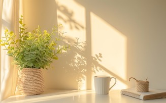 Green Plant vase with tea cup on the table 213