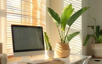 Green Plant vase with tea cup on the table 214