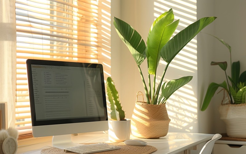 Green Plant vase with tea cup on the table 214 Illustration