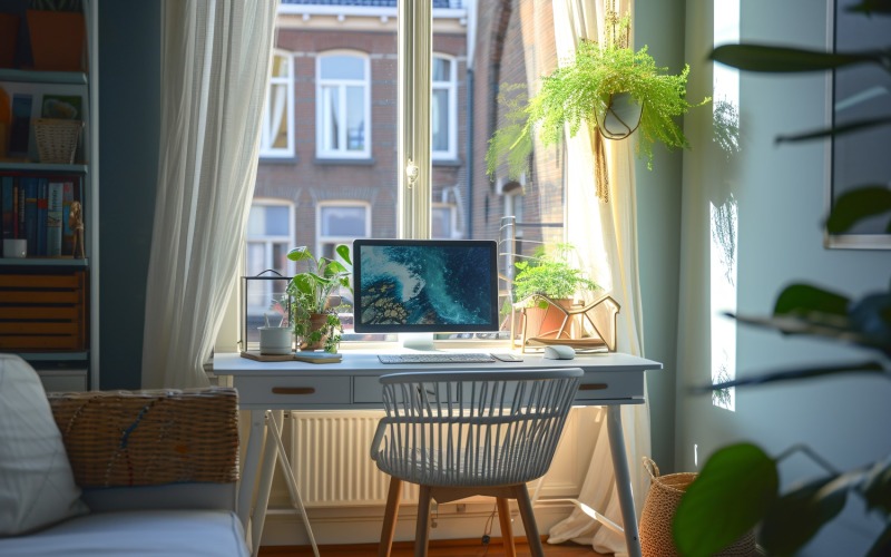 Computer teacup & dried flowers vases on the wooden table 221 Illustration