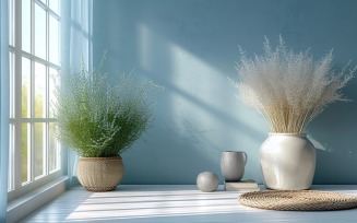 Dried flowers vases with window on the wooden table 281