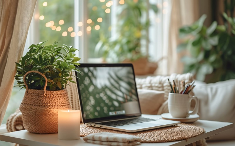 Flowers & Plant vases & Laptop on the table 263 Illustration