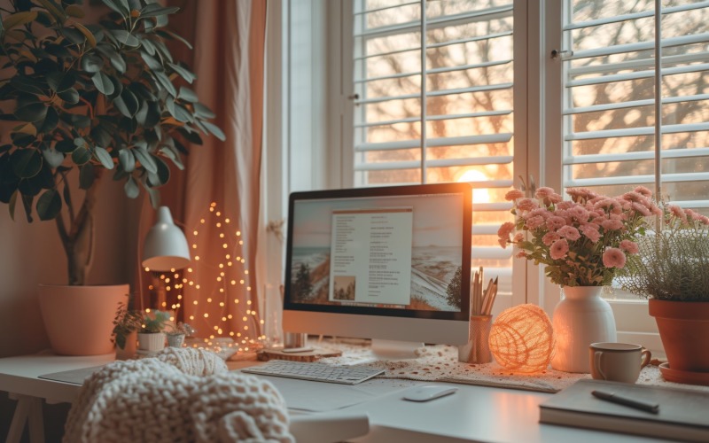 Flowers & Plant vases & Laptop on the table 264 Illustration