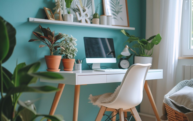 Flowers & Plant vases & Laptop on the table 266 Illustration