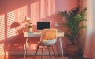 Flowers & Plant vases & Laptop on the table & Pink Wall 277