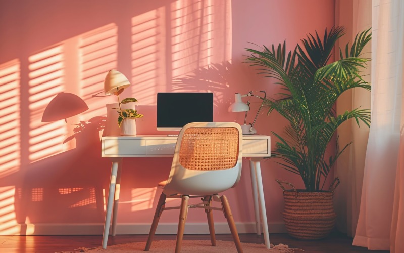 Flowers & Plant vases & Laptop on the table & Pink Wall 277 Illustration