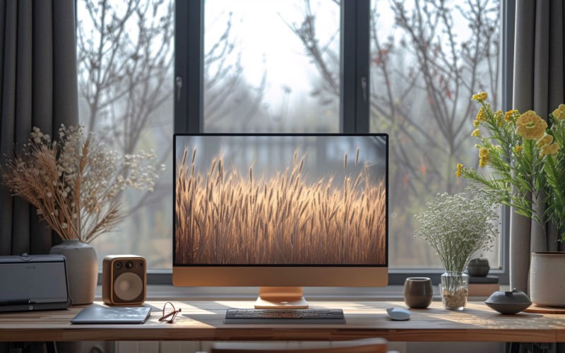 Green Plant vase with Computer & Lamp on the table 241 Illustration