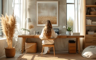 Green Plant vase with Computer & Lamp on the table 243