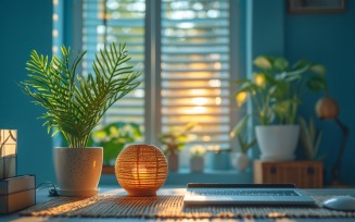 Green Plant vase with tea cup on the table227