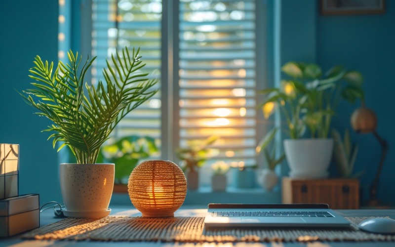 Green Plant vase with tea cup on the table227 Illustration