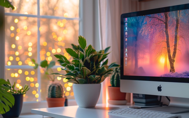 Green Plant vases with Computer on the white table 248 Illustration