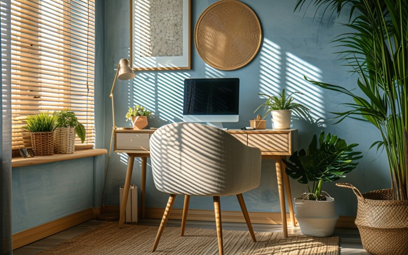 Home office room with chair & lamp computer on the tabl 256 Illustration