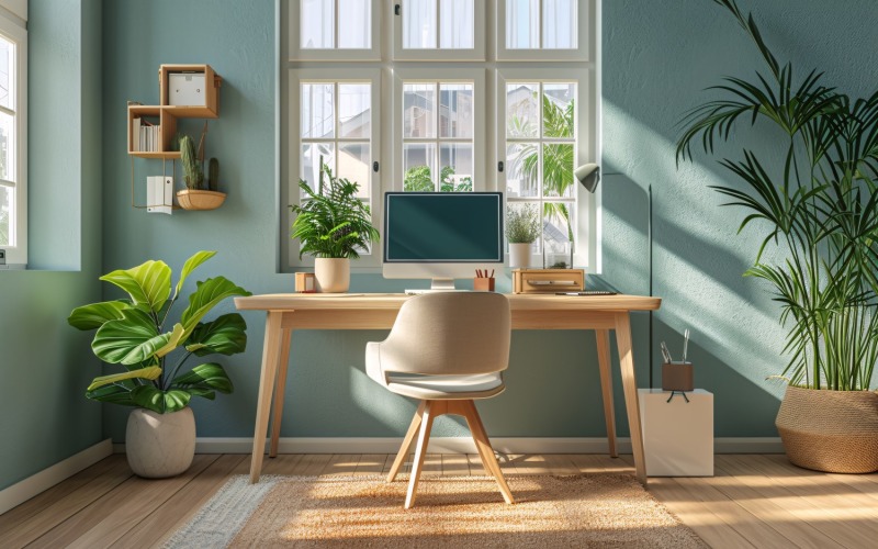 Home office room with chair & lamp computer on the table 253 Illustration