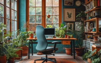 Home office room with chair & lamp computer on the table 258