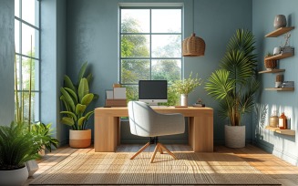 Home office room with chair & lamp computer on the table 259