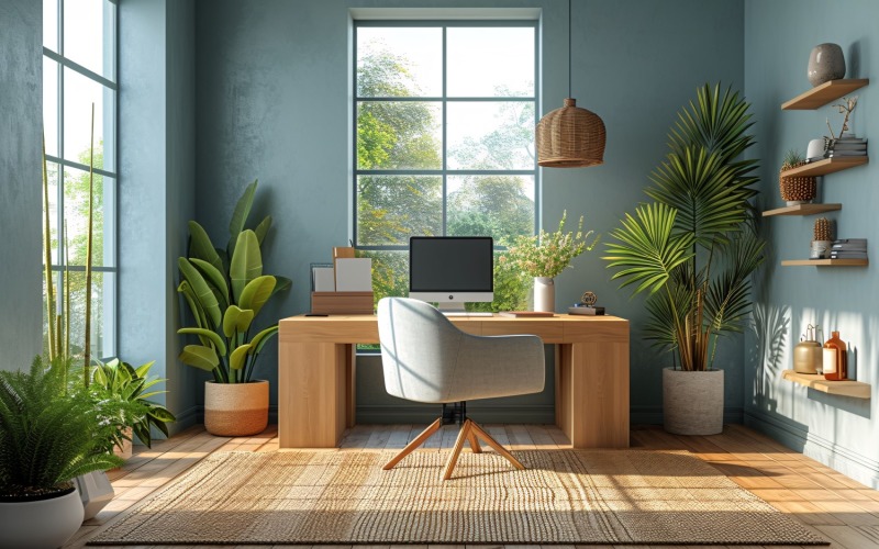 Home office room with chair & lamp computer on the table 259 Illustration