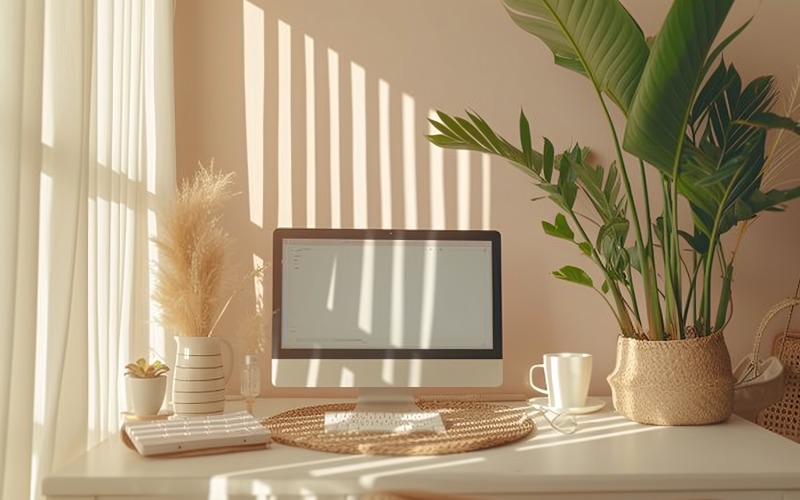 Home office room with chair & lamp computer on the table 279 Illustration