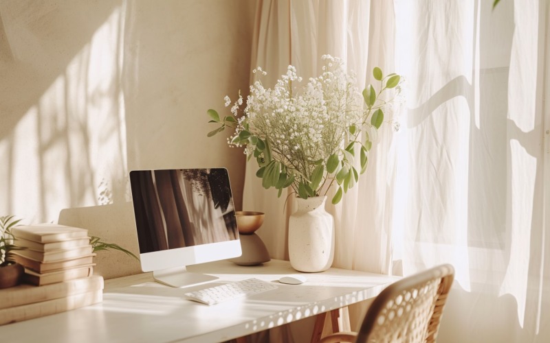 Home office room with chair & lamp computer on the table 280 Illustration