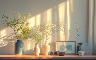 Vases & frame on the wooden table 229