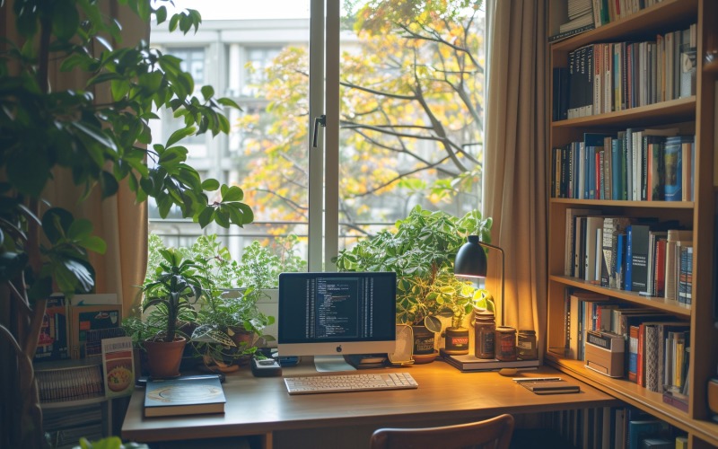 Home office room with Book closet & computer on the table 317 Illustration