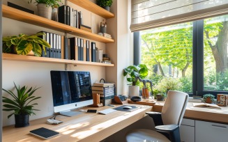 Home office room with Book closet & computer on the table 320