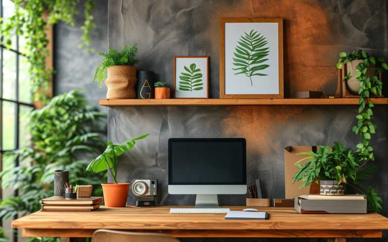 Home office room with Book closet & computer on the table 338 Illustration