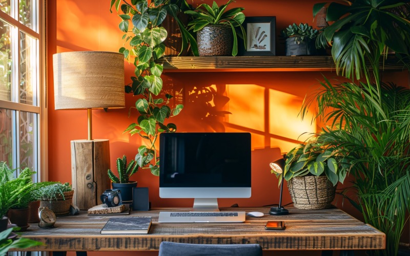 Home office room with Book closet & computer on the table 340 Illustration