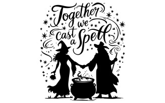 A silhouette of a witch and a warlock holding hands