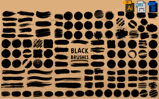 Collection of black paint brushes, ink strokes, lines, grunge style, set.