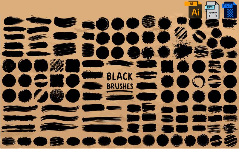 Collection of black paint brushes, ink strokes, lines, grunge style, set. Vector Graphic