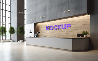 Hotel reception counter wooden wall logo mockup