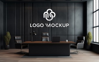 Office manager room black wall logo mockup psd